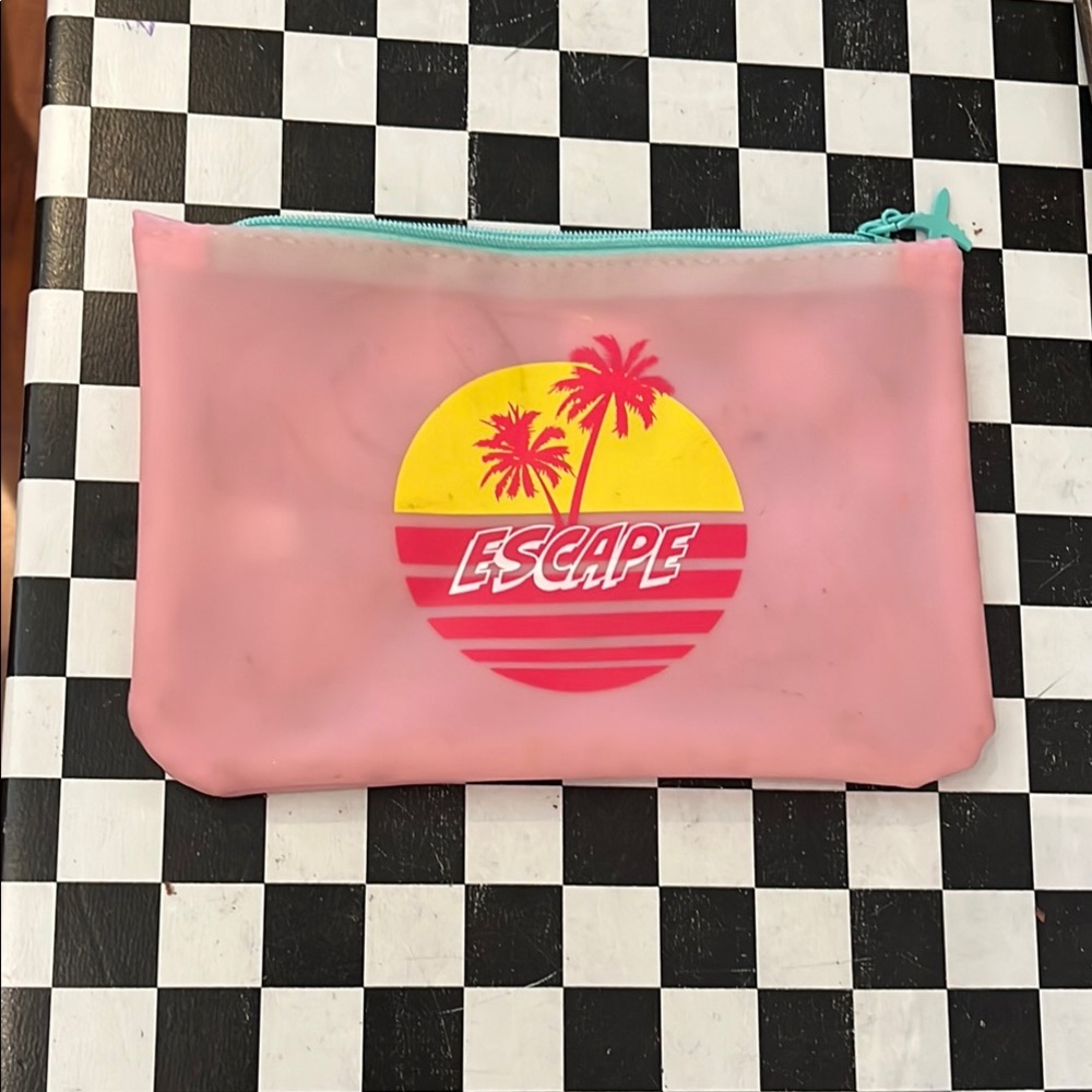 Used Pink Escape vinyl Pouch with Tropical Design
